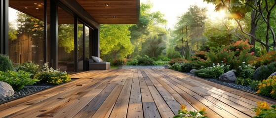 Leinwandbilder - A modern house with a wooden deck floor at the entrance and patio. 3D rendering.