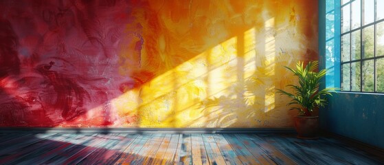 Poster - Background of colorful wall and hard falling shadow. 3D rendering of shadows on the wall.