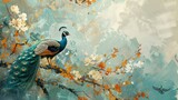 Fototapeta Panele - An abstract artistic background featuring vintage illustrations, flowers, plants, trees, branches, peacocks, golden brushstrokes. Modern art. For use on wallpaper, posters, cards, murals, prints, etc.