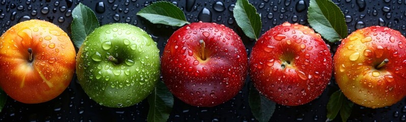 Wall Mural - Three apples with water droplets on a black background