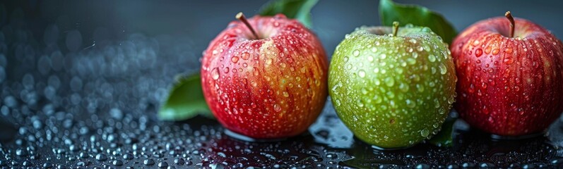 Wall Mural - Three apples with water droplets on a black background