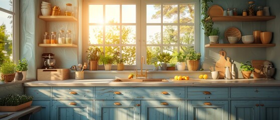 Poster - Interior of blue kitchen with island. White countertops and utensils. Bright, cozy kitchen with utensils and appliances. Working area in the kitchen. 3D rendering. 3D illustration.