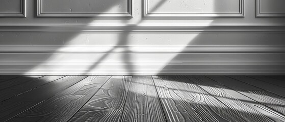 Poster - Shadows cast by the sun on a white blank room and dark laminate wood floor, classic interior. Blank space architecture.