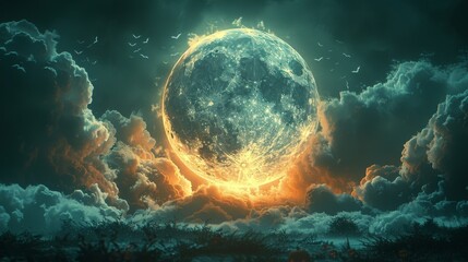 Canvas Print - 3D Illustration of a Spooky Moon in a Cloudy Sky with Bats at Halloween