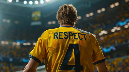 Back view of a soccer player with respect text on the jersey in a stadium.