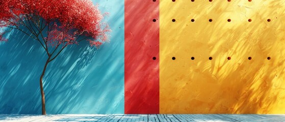 Fototapete - A blank colorful wall background and a hard falling shadow. Applications of shadow on the wall. 3D rendering.