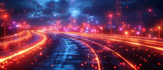 Poster - Conceptual design of a smart city and abstract polygon pattern connected to speed line lights, big data connectivity technology.
