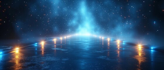 Leinwandbilder - Night view with neon light and lines. Abstract blue background.