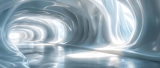 Poster - The background is a white futuristic tunnel leading to light from a wide angle. The art style is abstract 3D rendered.