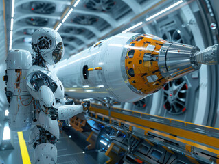 futuristic robots conducting nuclear safety checks on a high-speed rocket, detailed 3d inspection