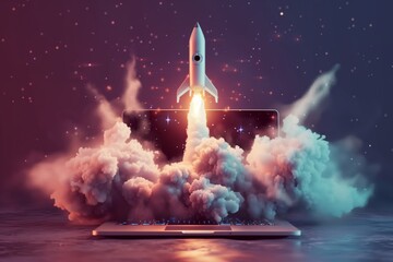 Wall Mural - Startup rocket coming out of a laptop, in the style of investing, explosive pigmentation, installation creator, spacecore, neo-academism, innovation and market success concept.