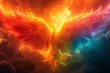 Rainbow colored phoenix rising from the ashes, symbolizing the resilience, strength, and transformative power of the LGBTQ community in overcoming adversity and discrimination