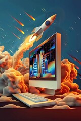 Wall Mural - computer with a rocket flying, in the style of photo-realistic techniques, vibrant and bold, rocket 