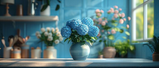 Fototapete - The interior of a blue kitchen with an island. The interior of a stylish kitchen with white counter tops. The interior of a charming bright kitchen with utensils and appliances. The working space of