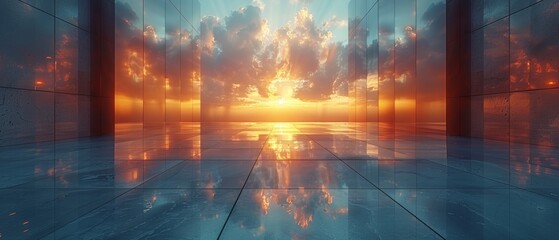 Fototapete - An illustration of a high rise building with a dark steel window system reflecting clouds on the glass. 3D rendering of future architecture.