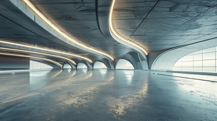 Poster - This 3D rendering features a futuristic concrete architecture and a car park with an empty cement floor.