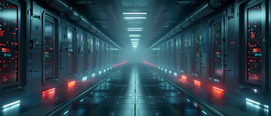 Fototapete - The picture shows a working data center corridor full of rack servers and supercomputers projected on the wall with high internet visualization.