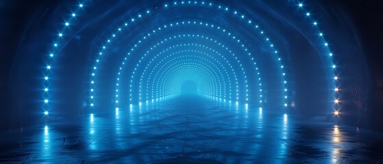 Poster - A dark background with neon lights, lines and spotlights. An abstract blue background with neon lights.