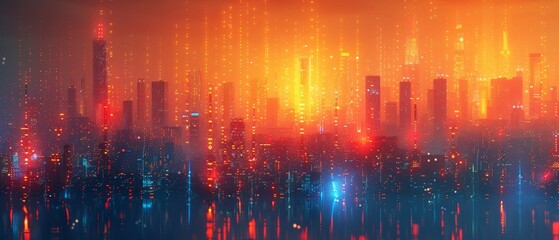 Poster - An innovative concept for a smart city doingt point with a gradient line, connecting the dots of technology to create an overall metaverse. Bangkok, Thailand night city banner displaying big data.