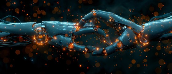 Poster - Robot and human hands touching a big data network on a futuristic background, science and artificial intelligence technology with innovation and creativity.