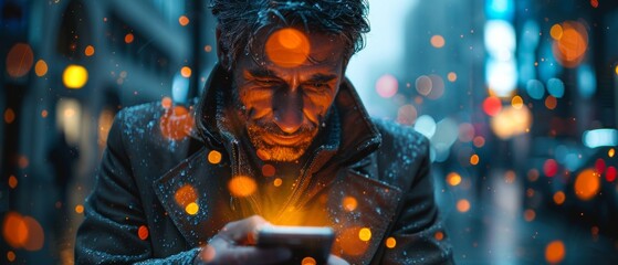 Fototapete - Internet of Things IoT, Artificial Intelligence AI. A businessman using a smart phone against a background of a city, omnichannel marketing, mobile application, 4.0 industrial technology, remote