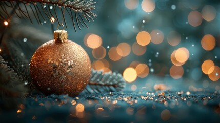 Wall Mural - An Abstract Blue Night with A Christmas Tree In A Ball Hanging From A Fir Branch Glittered With Golden Glitter