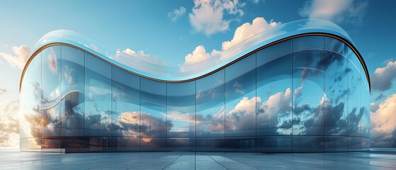 Fototapete - This 3D rendering shows the cloud reflection on the curve glass of the office building.