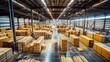 Wide-angle view of a spacious lumber warehouse with neatly stacked wooden planks and beams.
