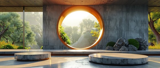 Canvas Print - An empty concrete room has a large circle window and a round podium for presenting products against a background of nature.