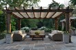 Cozy patio with sofas and a table. Pergola shade over patio.
