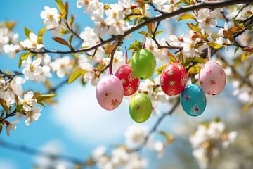 Colorful Easter eggs hanging on blooming tree branches outdoor in garden.