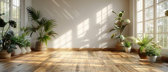Aufkleber - Three-dimensional rendering of an empty room and wood laminate floor with sunlight casting shadows on the wall. Perspective of minimalist design.