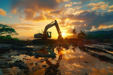 Excavator on construction site in the background at sunset