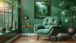The background is a green living room with a grey decorative chair, a lamp frame in the middle of the table, and a poster style graphic.