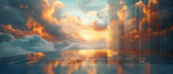 Aufkleber - A 3D rendering of a curve glass office building reflecting clouds.
