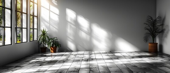 Aufkleber - This is a 3D rendering of a bright kitchen with an empty wall. Accessories for the catalog are on the right..