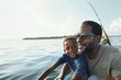 © Danko - Happy african american father fishing with his son in a boat