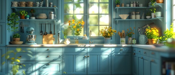 Fototapete - This Blue Kitchen Interior features an island, white countertops, utensils, and appliances. Working space for the kitchen. 3D animation. 3D illustration.