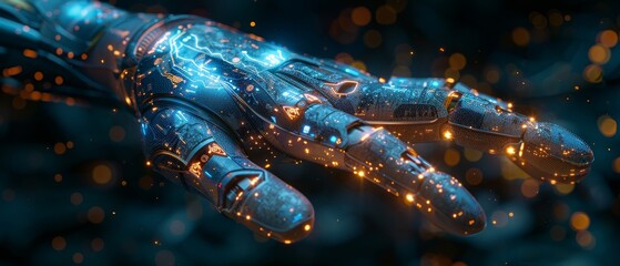 Poster - An artificial intelligence icon is displayed on a digital screen controlled by a hand, with his hand touching the screen. This icon represents artificial intelligence, big data, science, innovation