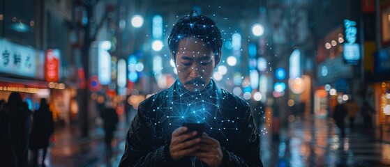 Poster - A businessman uses a mobile smart phone on a city background, omnichannel marketing, smart phone application, 4.0 industrial technology, remote control, artificial intelligence.