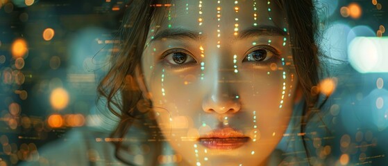 Leinwandbilder - Software Developer Working on Innovative e-Commerce App using AI, Big Data Working on Asian Female Startup Digital Entrepreneur while projected line of code on her face.