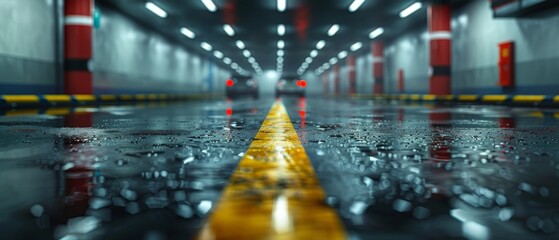 Fototapete - A 3D rendering of an architecture background with concrete floors and a car advertisement.