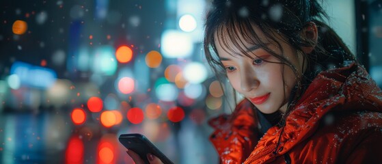 Aufkleber - A woman is using her cellphone in a street at night, against a dark background