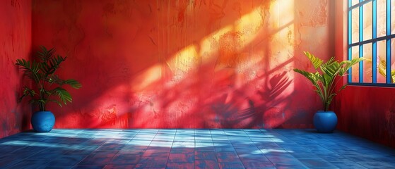 Aufkleber - An empty colorful wall background with hard falling shadows. Rendering in 3D.