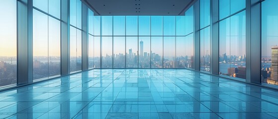 Leinwandbilder - A modern building with an empty floor and a skyline in the background