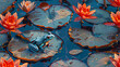 Water lilies and frog on the leaves of water lil