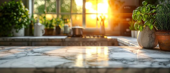 Wall Mural - A close-up of a kitchen marble countertop against a blurred background of utensils, appliances, and a green plant.