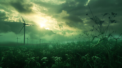 Wind turbines in a meadow at sunset