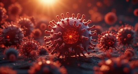 Sticker -  Infection's ominous glow - A close-up of a virus with a bright center