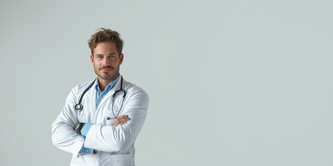 Wall Mural - Caucasian 45 year old doctor, white outfit on light gray background, space for copy text